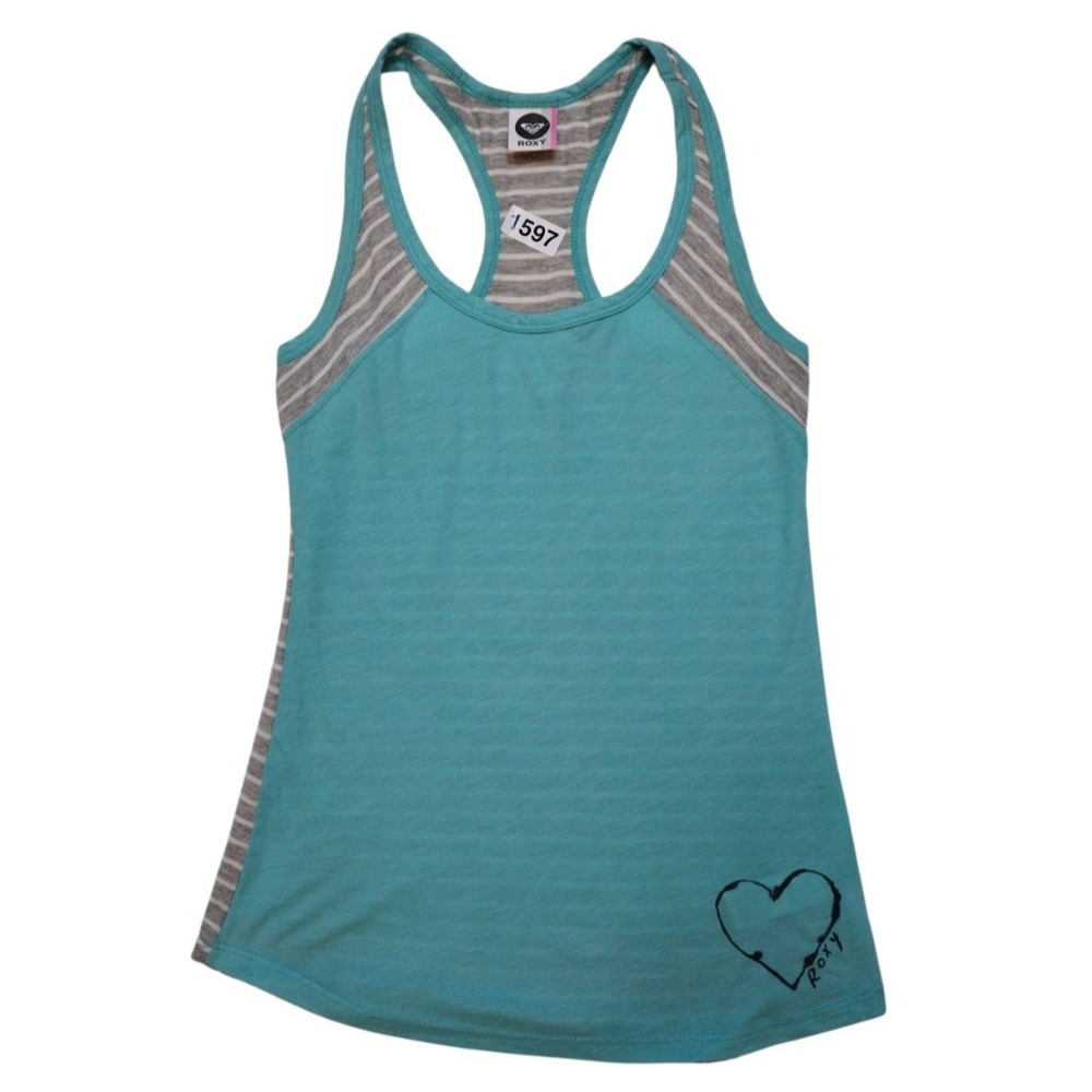 Roxy Tank Top Women's‎ M Turquoise Grey Raceback Heart Logo